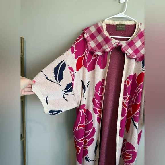 Anthropologie Bel Kazan Floral Gingham Removable Collared Duster Cardigan - Picture 9 of 15